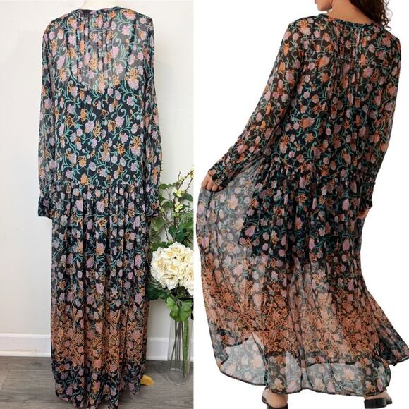 Free People See It Through Dress boho floral sheer maxi | black multi | Medium - Picture 5 of 9